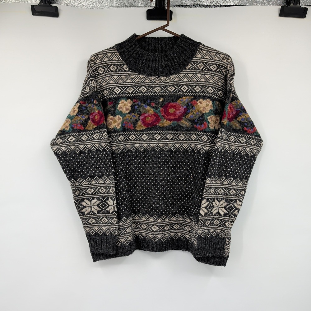 Vtg Fair Isle Floral Knit Sweater Charcoal Grey Nordic Mock Neck Pullover Med